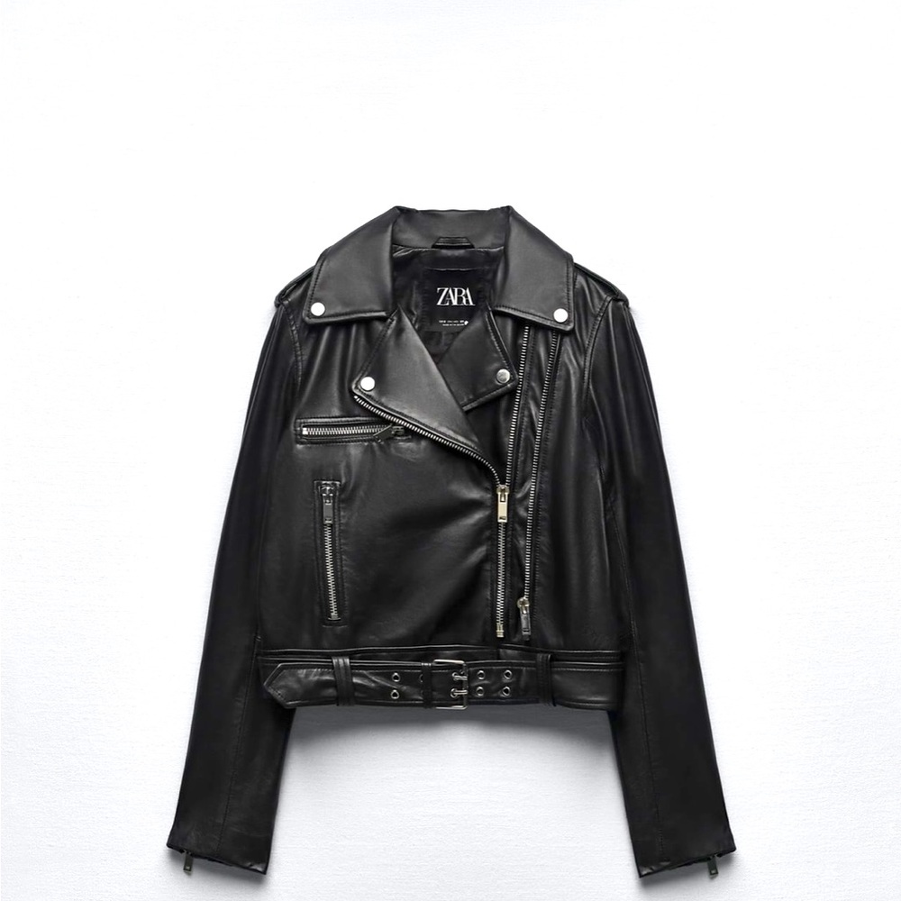 ZARA - NWT Women Black Genuine Leather Moto Jacket w/Double Zipper Size: Large